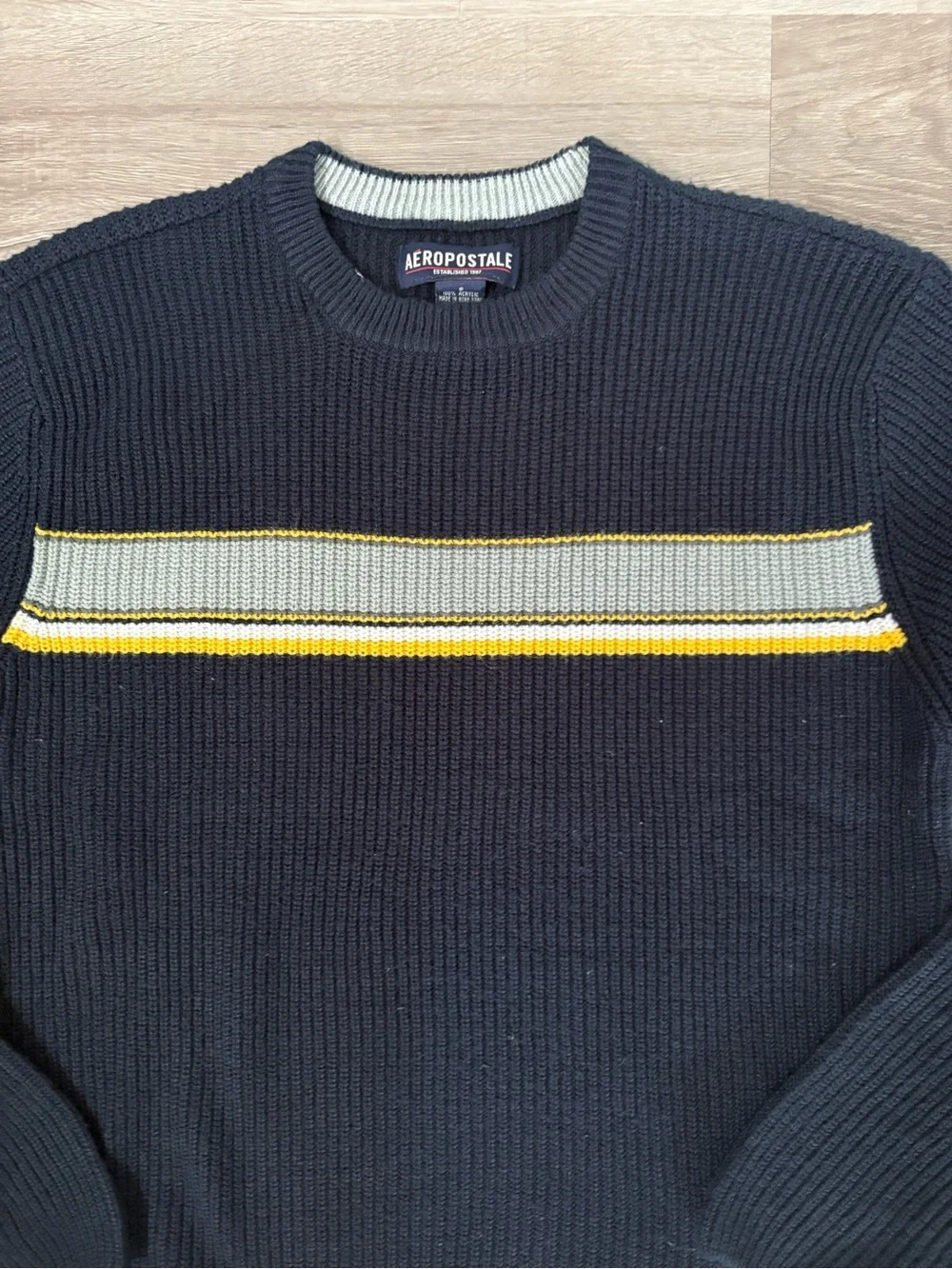 Aeropostale Men's Blue Ribbed Crewneck Sweater with Yellow & Gray Stripe